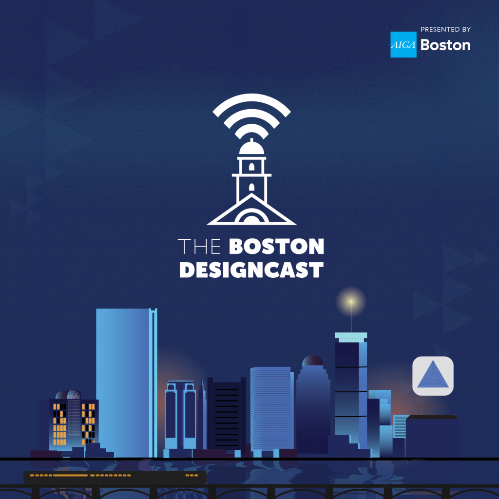 Podcast Artwork, A geometric minimalist Faneuil Hall hovers over an illustrated Boston Skyline. Text reads: The Boston Designcast